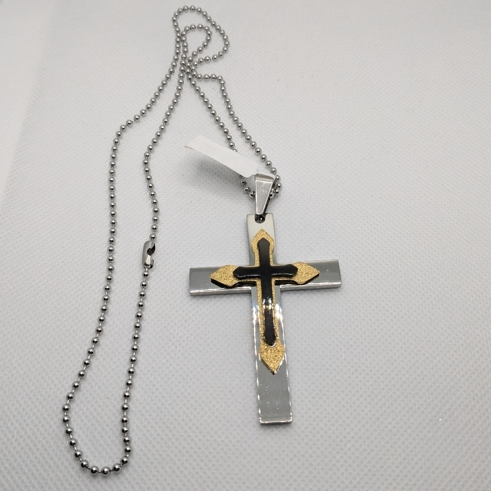 NEW!! 24" Stainless Steel Stardust Necklace & Black Cross Ion Plated Yellow Gold
